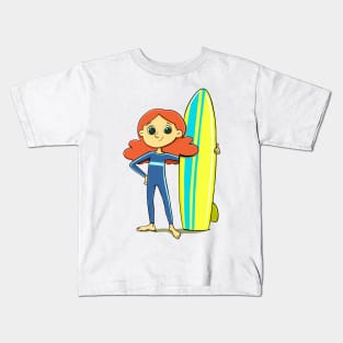 girl dressed in a swimming suit with a surfboard on the water Kids T-Shirt